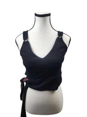 Free People Womens Black V-Neck  Crop Top with Patterned Tie Halter Small